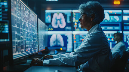 Futuristic medical research or healthcare for lungs with diagnosis and biometrics of vital signs for clinical hospital asthma and respiratory cancer. A doctor in a white coat looks at the monitor - obrazy, fototapety, plakaty