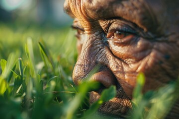 Macro photograph of a detailed statue portraying an elderly person's face among grass