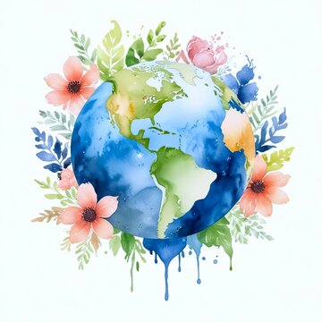 Earth surrounded by flowers and leaves against white background, watercolor illustration. concepts: environment art, Earth day, eco-friendly, global harmony,environmental awareness