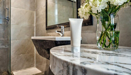 A luxury marble tabletop with a lotion tube, a facial cream, a flower vase in an elegant bathroom.