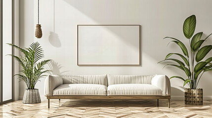 Stylish Living Room with Modern Sofa, Decorative Wall Frames, and Minimalist Decor, Perfect for a Cozy and Chic Space