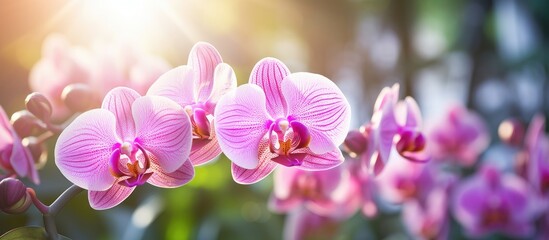 A closeup of a cluster of pink orchids with sunlight streaming through the petals, showcasing the...