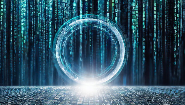 A matrix background with a dynamic flow of binary code through a circle gateway.