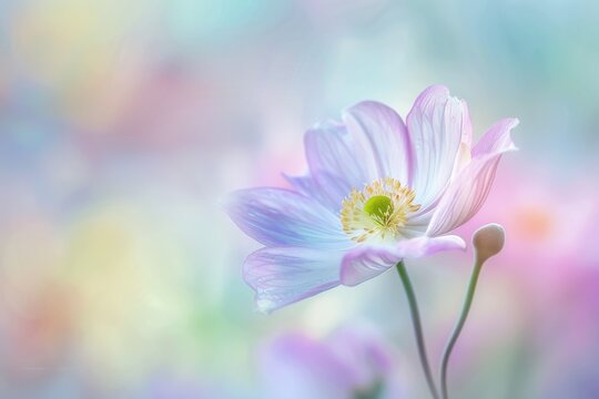 A tender blue anemone flower stands out with its detailed petals against a canvas of soft pastel colors, embodying serenity