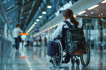 Fototapeta premium Poignant capture of a young girl in a wheelchair alone at a bustling airport hall overlooking the runway