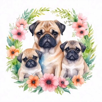 three pugs surrounded by wreath of pink flowers against soft white background. concepts: mother's day, family day, pet adoption campaigns, pug breeding, pet blogs and websites, pet-themed stationery