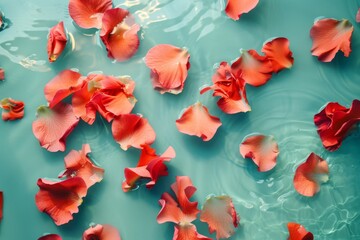Soft rose petals in warm hues gently float on soothing blue water, evoking feelings of love and peacefulness