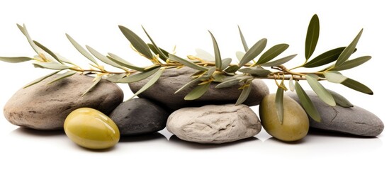 The olives and rocks are depicted on a white background. Olives are a staple food and natural food derived from a flowering plant. They are a popular ingredient in many dishes - obrazy, fototapety, plakaty