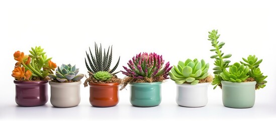 A variety of succulents are planted in flowerpots on the table, adding a touch of green to the landscape. These houseplants come in different shapes and sizes
