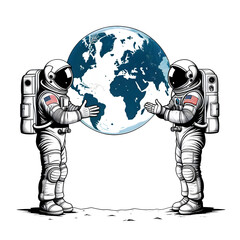 Astronaut and Earth. Vector hand drawn illustration, ready for t-shirt design, spaceman, earth, world, space, planet, universe, moon, cosmos, graphic, science, man, background, people, galaxy