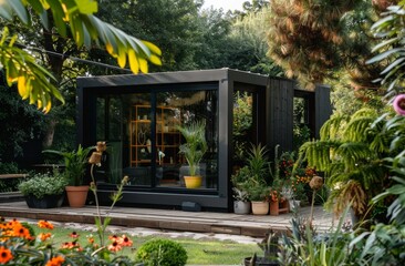Fototapeta na wymiar Modern black garden house cabin with large windows and potted plants on the terrace. Ecofriendly home.