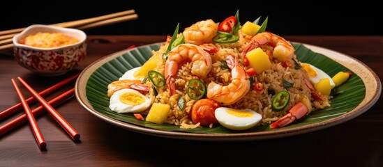 A dish featuring shrimp, eggs, and vegetables served on a plate with chopsticks. This seafood recipe combines fresh produce with meat, perfect for a delicious meal