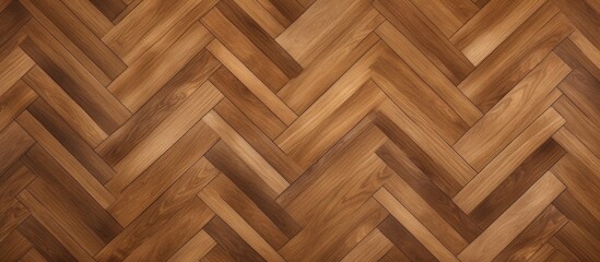 A detailed shot of hardwood flooring with a herringbone pattern, showcasing the beauty of the brown wood stain and intricate design