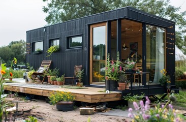 Modern black garden house cabin with large windows and potted plants on the terrace. Ecofriendly home.