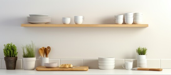Fototapeta na wymiar A wooden kitchen counter with a hardwood shelf holding flowerpots. The rectangle counter is perfect for cooking and storing recipes