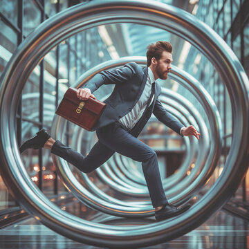 In this depiction of life's hustle, a businessman runs in an exercise wheel, illustrating the relentless pursuit of success in the corporate world that often can lead to burnout