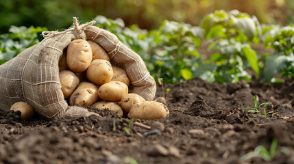 Freshly harvested potatoes standing in sack - obrazy, fototapety, plakaty