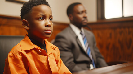 African American boy standing with his attorney inside a juvenile courtA Juvenile Defense Attorney specializes in defending children who find themselves in legal trouble - obrazy, fototapety, plakaty