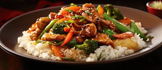 A dish of stirfried vegetables and rice, a staple food in many cuisines. The ingredients include fresh produce and choice of meat, cooked using stirfrying method