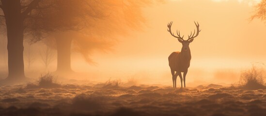 Fototapeta na wymiar A deer with horns stands in a foggy field at sunset, creating a mystical atmosphere. The natural landscape is highlighted by the atmospheric phenomenon in the sky