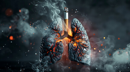 This powerful image portrays the harmful effects of smoking. The central focus is a lit cigarette burning through a pair of human lungs.