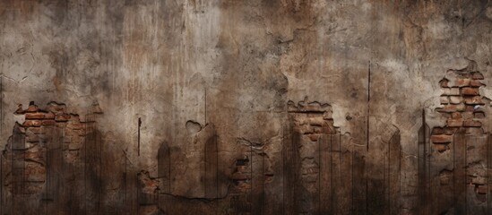 A detailed closeup of a weathered wooden wall with peeling brown paint, showcasing the natural landscape of grass and soil in the background