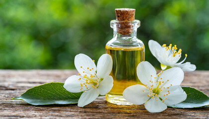 Fototapeta na wymiar Neroli essential oil with flowers on a wooden background.