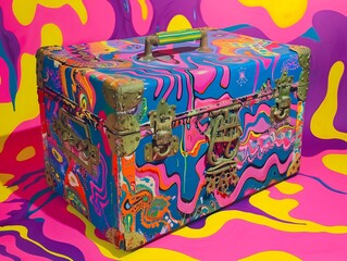 Create a surreal representation of iron chests fused with psychedelic colors