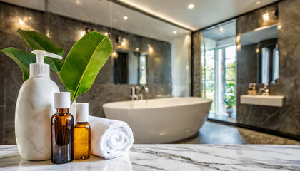A presentation space on a white marble tabletop features toiletries in a luxurious bathroom. - obrazy, fototapety, plakaty