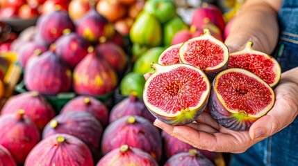Hand holding ripe fig with selection on blurred background, ideal for text placement - obrazy, fototapety, plakaty