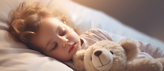 A toddler peacefully sleeps in bed with their favorite toy, a teddy bear. The soft fur provides comfort as they cuddle their loyal companion dog, snoozing beside them