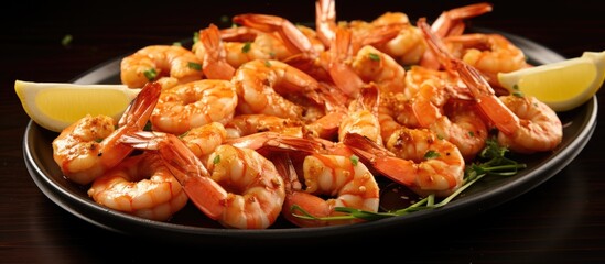 A plate of seafood featuring fried shrimp topped with lemon slices, a delicious dish that is a staple in many cuisines around the world