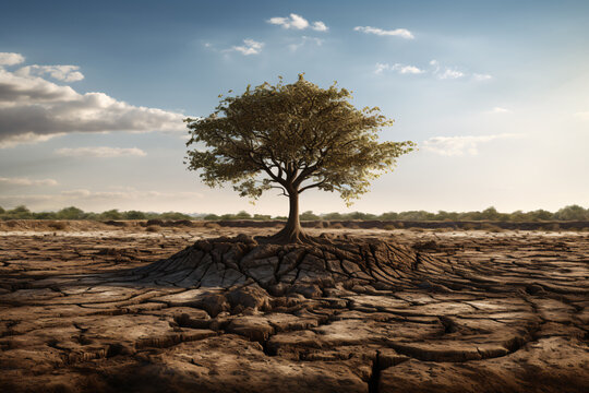 A lone tree standing tall in cracked earth. This photo symbolizes hope and resilience in the face of drought and climate change