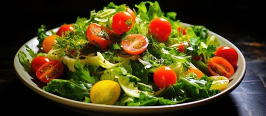 A dish of salad made of fresh ingredients including tomatoes, lettuce, and lemons, placed on a table. This natural food is a refreshing and healthy option as a cuisine dish or garnish