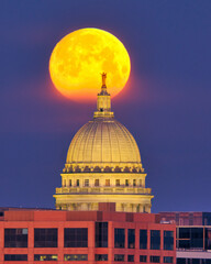 Moonset behind the Wisconsin State Capitol. 