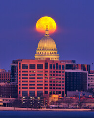 Moonset behind the Wisconsin State Capitol. 