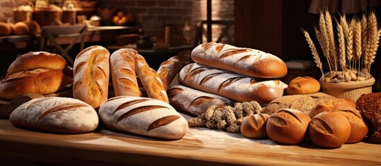 Assortment of fresh bread displayed in a bakery