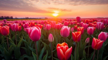 Fotobehang tulip field at sunset © farzana