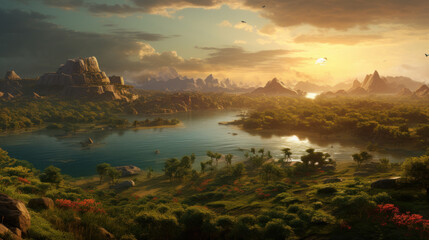 Epic landscape scene with mountain and river