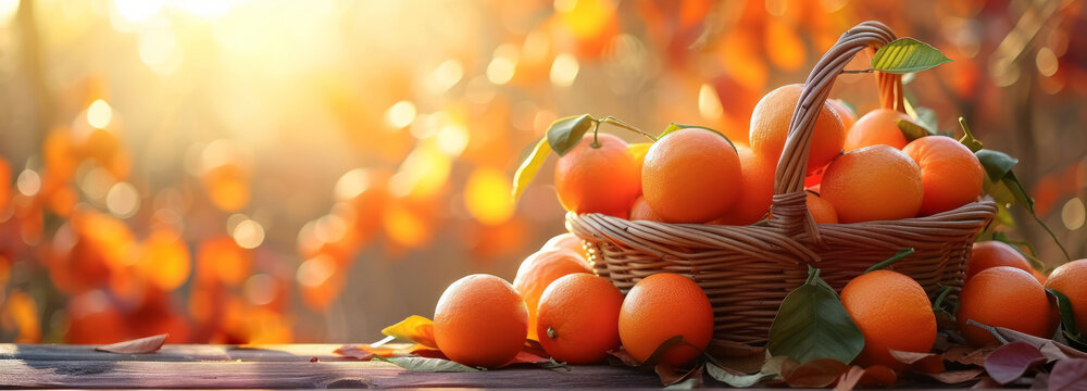 Fresh Oranges in a Basket with bokeh in Background