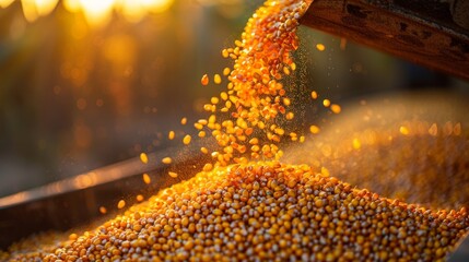 Combine harvester pours corn maize seeds. - obrazy, fototapety, plakaty