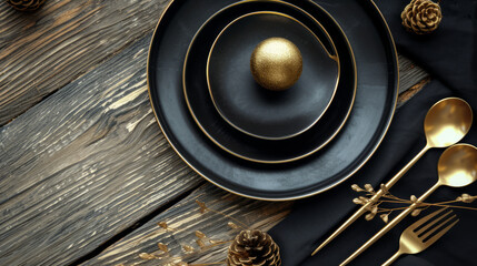 Trendy Golden Silverware with black Plates