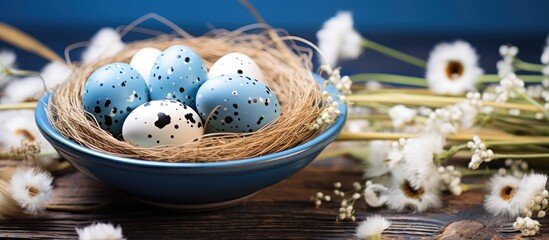 A dish of quail eggs served in a nest on a wooden table, showcasing the natural beauty of this ingredient in a rustic cuisine setting