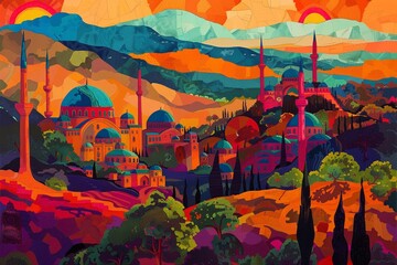 Transform the world during the Ottoman period into a vibrant and trippy landscape