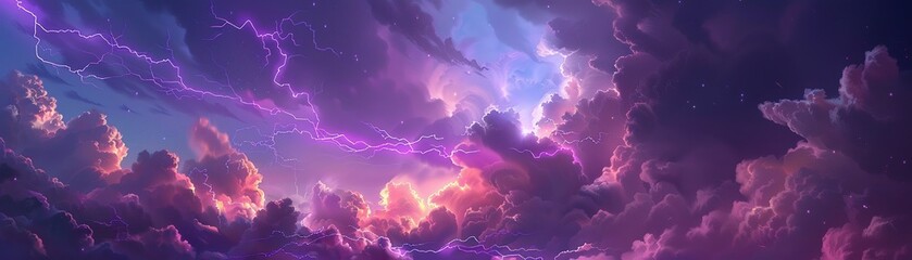 Stormy skies filled with purple thunder and flashes of glowing light - obrazy, fototapety, plakaty