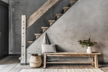 Wooden bench against grey wall and staircase. Scandinavian, rustic farmhouse interior design of modern entryway