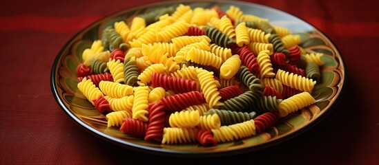 A closeup of a platter of pasta, a staple food in Italian cuisine, with fresh vegetables as ingredients, showcasing natural foods on a table