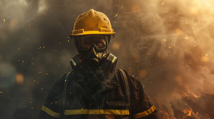 Fototapeta premium This image portrays a person wearing safety gear in an environment filled with dust or smoke. The individual is equipped with a yellow hard hat, a black face mask, and a dark-colored safety suit with 