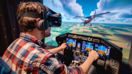 Aviation school pilot exam  man in vr glasses controls virtual aircraft in flight simulator cabin.