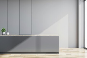 Kitchen interior in beautiful new luxury home with kitchen island and wooden floor, bright modern minimal style,  with copy space.